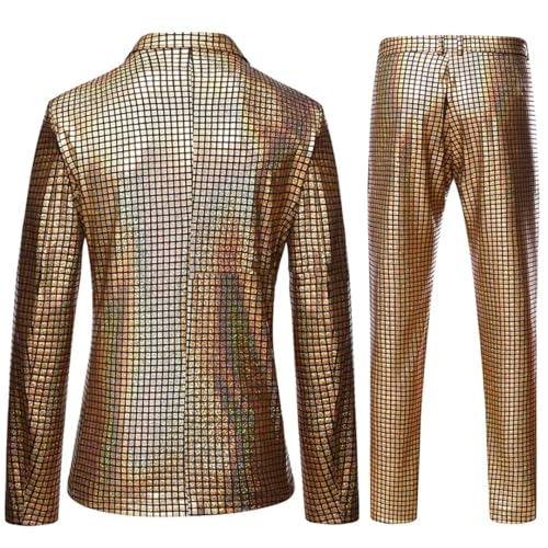 Mens Stage Prom Suits Plaid Sequin Jacket Pants 5