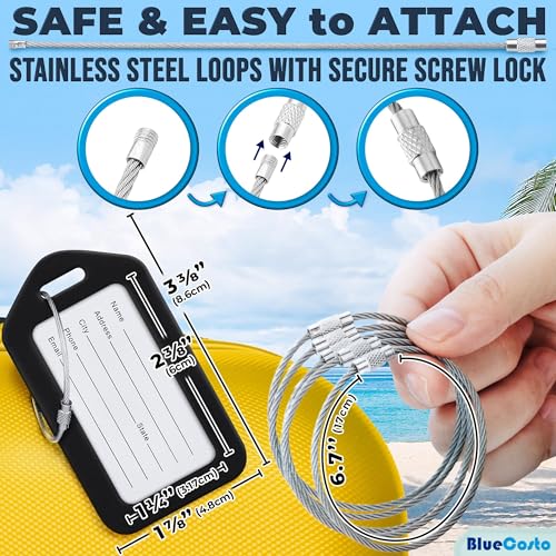 Luggage Tags (Small, Black, 10 PK) - Suitcase Tags w/Name ID Card & Heavy-Duty Metal Wire Loops - Bright Colored PVC Tags for Travel Baggage - Backpack Name Labels2