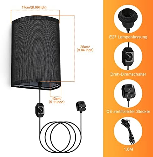 ENCOFT Dimmable Wall Lights with Plug in Cord, Linen Fabric Wall Light with Dimmer Switch, E27 Wall Lamp Plug in Wall Sconce for Bedroom Living Room, Max 40W, 2 Pack (Semicircular Black)