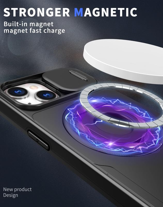 Image of LuxuryKase MagSafe Shockproof Rugged Back Case for iPhone 14 Plus | Finger Ring Kickstand & Sliding Camera Cover | Military Drop Protection | Wireless Charging Support - Black