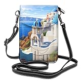 YYHWHJDE Monedero pequeño para teléfono celular, 19,3 x 12,4 cm, diseño de isla griega Santorini, diseño de vista al mar, funda cruzada de cuero con solapa para mujer, perfecta para caminar, acampar