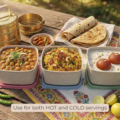 Image of Happy Cove Eco Friendly Lunch Box for Office Use | Biocomposite Wheat Straw, Rice Husk & Bamboo Fibre | 3 Multicolour Containers | Tiffin Box with Lunch Bag | Microwave & Oven Safe | Unbreakable