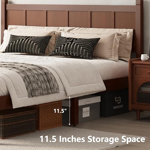 Image of Queen Size Vintage Bed Frame with Headboard, Farmhouse Wooden Platform Bed with Under-Bed Storage, Minimalist Modern Wood Grain Finish Bedframe for Bedroom (Dark Walnut)