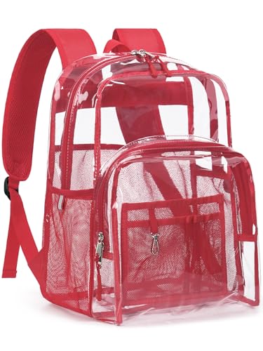 Image of Clear Backpack for School, 17 inch Large Heavy Duty-TPU See Through Bookbag for Boys Girls and Adult, Transparent Backpack With Multi-Pockets for College Work Gym Sport, Red