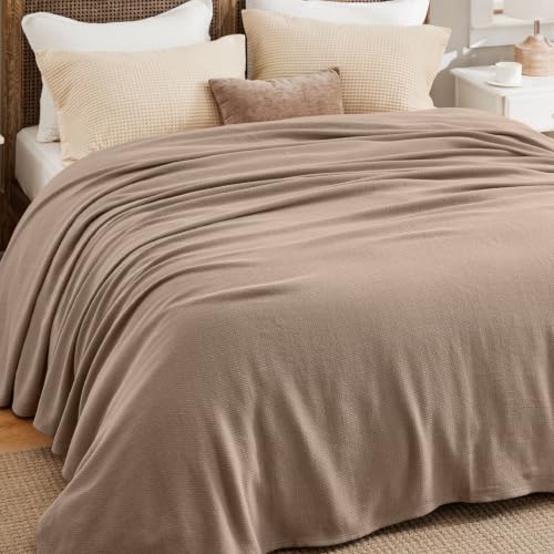 Image of Bedsure 100% Cotton Blanket, Herringbone Weave, King, Coffee Brown