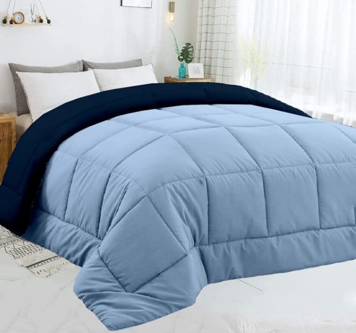 linenaffairs Comforter 300 GSM - 100% Microfiber King Size Warm 1 Piece Comforter for Winter (102X108 Inch_Navy Blue and Light Blue Color)