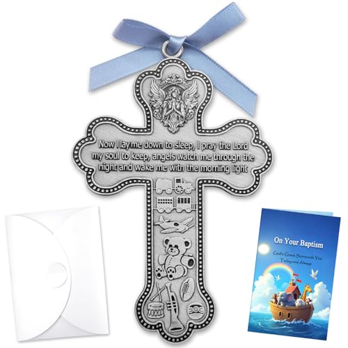 ForFine Guardian Angel Cross Baby Baptism Gifts for Boys Girls with Christening Card, with Personalized Blessing Engraving Space