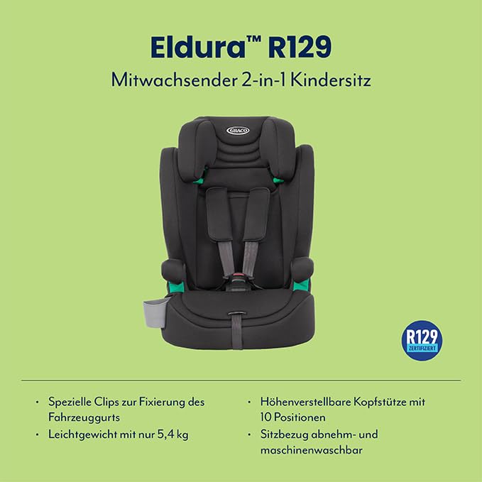 Graco Eldura™ R129 Kindersitz, Autositz vorwärtsgerichtet ab 15 Monaten bis ca. 12 Jahre (76-150 cm), Seitenaufprallschutz, schwarz, Midnight