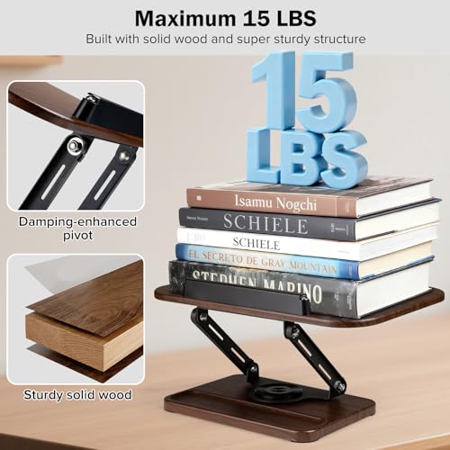 Image of Book Stand with Light & Storage, Book Holders for Reading Hands Free, Wooden Cookbook Stand with Adjustable Height & 360 Angle for Recipe,Magazine,Laptop,Tablet, Bible