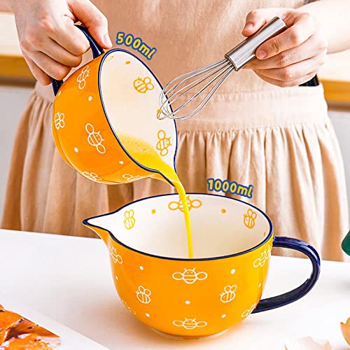 Gaolinci Cute Bee Pattern Kitchen Ceramic Mixing Bowl, 0.5 Quart Large Bowl, With Pouring Spout And Handle #TOP2