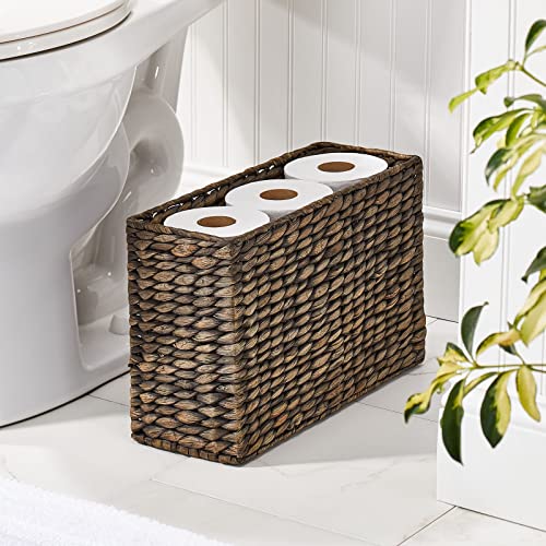 Mdesign Rustic Farmhouse Rice Weave Hyacinth Toilet Paper Holder Basket - Small Storage Organizer Tank Topper For Bathroom Counter Or Top Of Toilet - Holds 6 Rolls Of Toilet Paper - Black Wash #TOP1