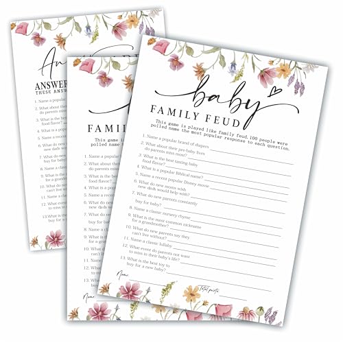Image of Baby Shower Party Games- Floral Watercolor Flower-Family Feud Game For Guest-30 Game Card & 1 Answer Card-Wishes For Baby-Baby Announcement Gender Reveal Game Card 08