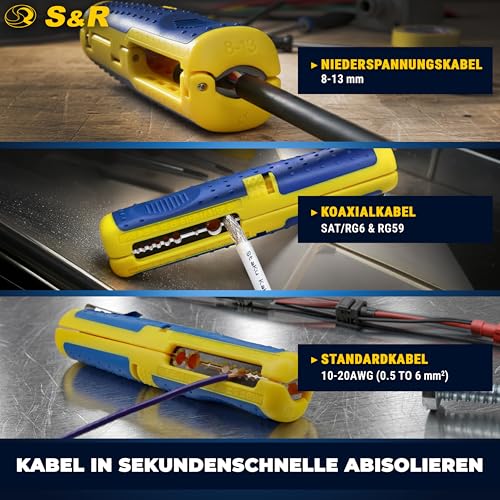 S&R Abisolierwerkzeug, Kabel, Abisolierer, Abisolierzange, 10-20AWG, SAT/RG6 & RG59, Niedervolt Kabel 8-13mm Universal-Entmantelungswerkzeug, Kabelabisolierer, Kabelentmanteler, Elektriker Werkzeug