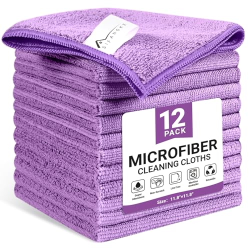 Image of SIFANGKE Microfiber Cleaning Cloth, 12 Pack Purple Cleaning Rags for Housekeeping, Reusable Microfiber Towels for Car, Kitchen, Bathroom and Household Cleaning Supplies, 11.8 inchX11.8 inch