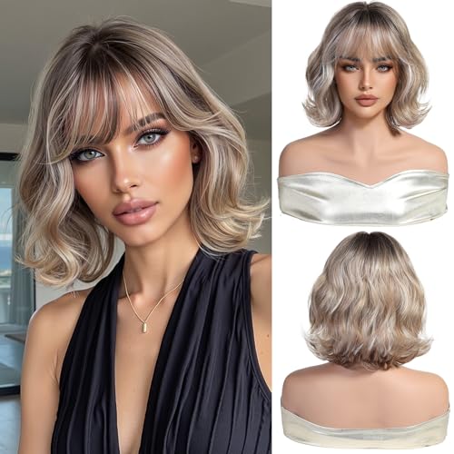 OUFEI Ombre Rubio Corto Ondulado Bob Pelucas para Mujeres con Flequillo Pelo Sintético Rizado Natural Pelucas Resistentes al Calor para Fiesta Diaria Cosplay Wear