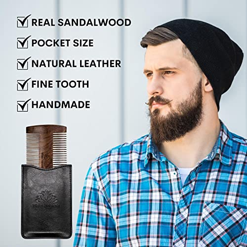 Beard Comb For Men, Wooden Natural Sandalwood, Fine Dual Action Teeth Beard Comb, Handmade Premium Sandal Wood, Fine & Coarse Tooth Perfect For Balms And Oils, Includes Pu Leather Case, Pocket Size #TOP2