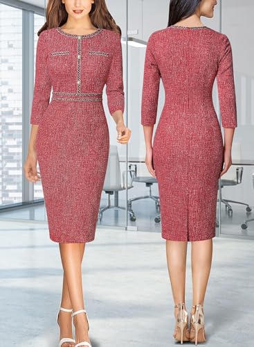 Image of VFSHOW Womens Button Crew Neck Wear to Work Office Business Casual Church Party Slimming Fitted Bodycon Pencil Sheath Dress