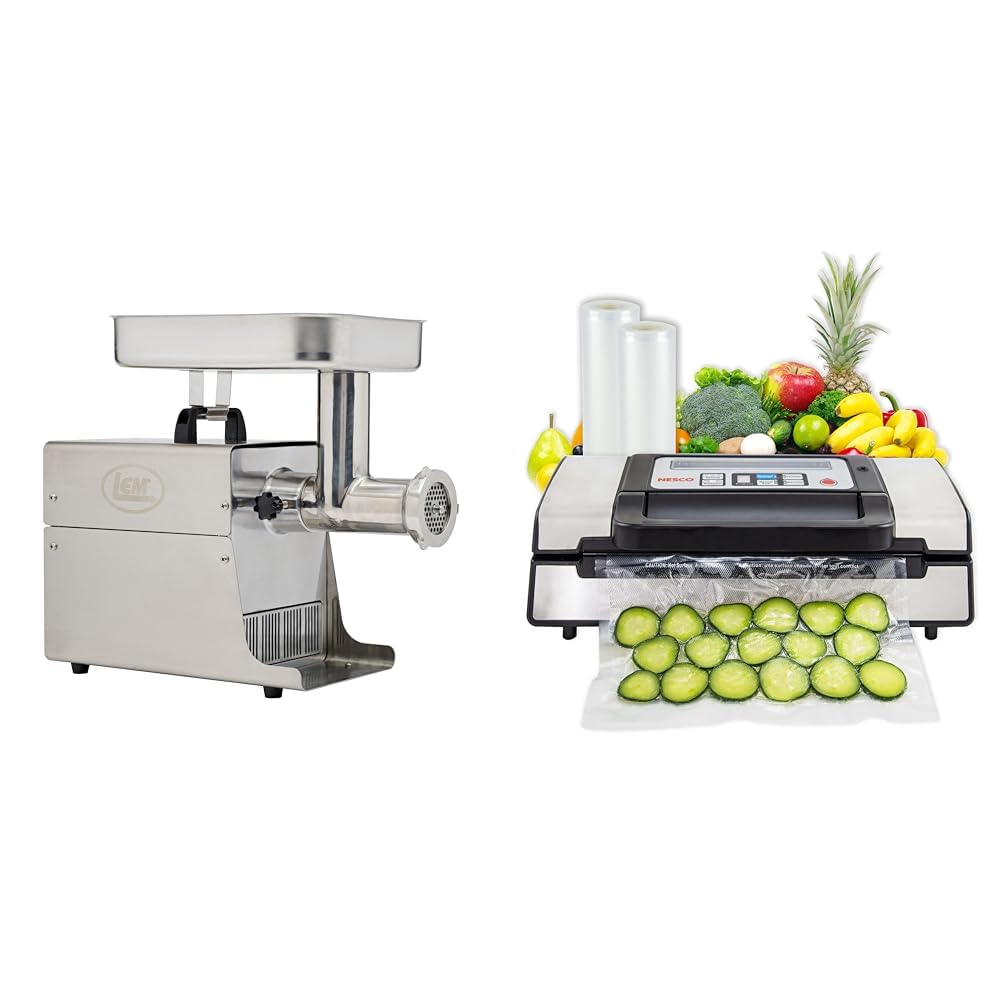 LEM Big Bite Meat Grinder #8 &amp; Nesco Deluxe Food VS-12 Vacuum Sealer, 130 Watts, Kit Bags &amp; Viewing Lid, Compact, Silver