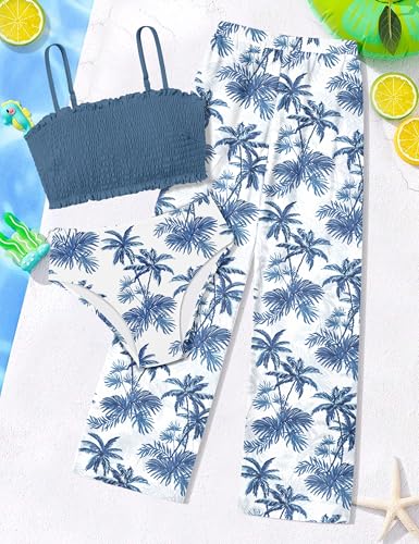 Image of NECIOUS Girls Swimsuit, 3 Piece Bikini Bathing Suit Tropical Floral Swimwear with Cover Up Pants 7-16Y