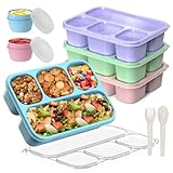 KHOXU Snackle Box Container, 4-Compartment Bento Lunch Box for Kids Women Men Adults, 44Oz/1300ML Meal Prep Boxes Reusable with 2 Sauce Containers & Utensils, 4 Pack (Wheat)
