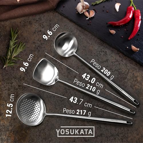 YOSUKATA Spatola e Mestolo Cucina e Schiumarola Acciaio Inox per Wok 43 cm - Set di 3 Utensili Cucina Acciaio Inox 304 - Accessori Universali per Wok - immagine 3