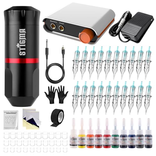 STIGMA Pro Maquina de Tatuar Kit de Tatuaje Completo con 20Pcs Agujas de Cartuchos Tintas para Tatuar Short Tattoo Pen with Digital Tattoo Power Supply de Tattoo y Accesorios