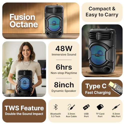 pTron Fusion Octane 48W Bluetooth Party Speaker w/Punchy Sound, 8 inch Neo Driver, Breathing RGB Lights, 6Hrs Playtime, BT5.3/Aux/TF Card/USB Playback Modes, Type-C Charging, Portable (Jade Black) view 2