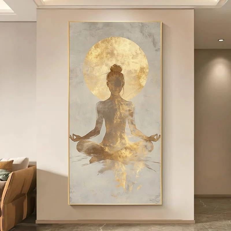 Affiche murale mouvements de yoga dorés éclatants pour un salon lumineux et zen