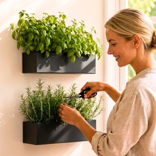 LaLaGreen Wall Planter (16 Inch, 2 Pack) Rectangular Metal Hanging Flower Pot for Succulents Carbon Steel Black, Long Window Sill Box Modern Fence Floating Garden Shelf for Deck Indoor Outdoor Decor