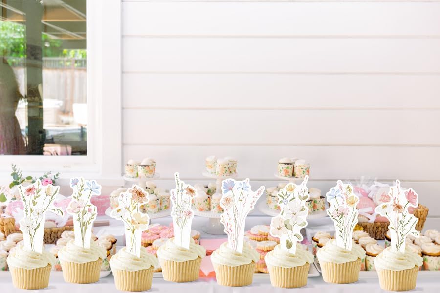 48PCS Wildflower Cupcaket Topper, Baby in Bloom Cupcake Decorations, Floral Wildflower Cupcake Toppers for Baby Shower, Wedding, Birthday Party Decor Women Girls. - Image 3