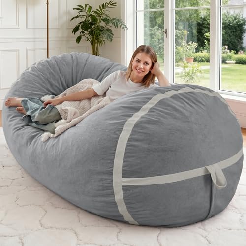 Image of 5FT Bean Bag Chair 5'Giant Bean Bag Chairs with Adults, Large Beanbag Chair | Bean bag Lounger with Machine Washable Cover Dutch Velvet Fabric, Comfy Chairs for Living Room, Bedroom, Dorm, Lightgrey