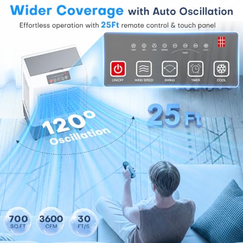 Image of 3600CFM Swamp Cooler, 3-IN-1 Evaporative Air Cooler w / 12Gal Dual Tank, 120 Oscillation for 1000Sq.ft Cooling, 4 Ice Pack, 3Modes&3Speeds, Timer, Windowless Portable Air Conditioner for Room