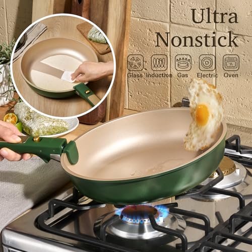 Image of CAROTE Green&Gold Nonstick Cookware Set, 15Pcs Pots and Pans Set Non Stick Detachable /Removable Handle,Kitchen Cooking Set Dishwasher Safe, RV Kitchen Pot and Pan, Induction Cookware