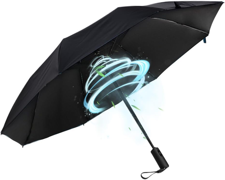WOOLALA Portable Sun and Rain Umbrella with Personal Cooling Fan, UPF 50+, USB Rechargeable, Folding Compact Travel Umbrella for Hot Summer