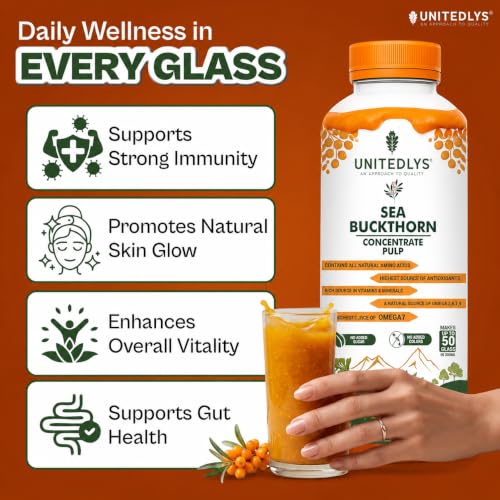 Image of 100% Pure & Sugar Free Himalayan Sea Buckthorn Juice 300ml | Rich in Vitamin C, Plant Based Vegan Omega 3 6 7 9 & Antioxidants | Original Sea Buckthorn Berry Pulp Supports Immunity, Skin Glow & Gut Health | Up to 50 Glass Juice