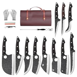 Butcher Knife Set, 17pcs Chef Knife Set with Bag, Forged Viking Knife Set, High Carbon Steel BBQ Knife Set, Serbian Chef knife Set for Meat Processing, Father’s Day Gifts for Dad