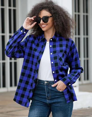 Image of SANGTREE Women and Girls Long Sleeve Flannel Casual Button Down Plaid Shirt