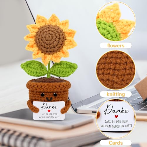 Cadimus Positive Blume,Kleines Dankeschön Geschenk,Gestrickte Blume,Lustige Häkelblumen Pocket Hug,Handgemachte Gehäkelte Sonnenblume,Danke Geschenk für Freunde Kollegen Familie Freundin