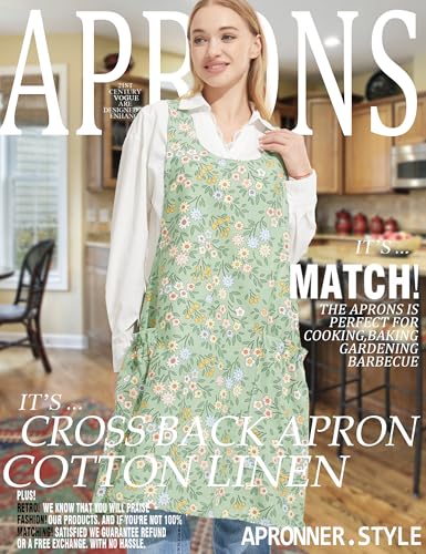 Image of Cozy Adjustable Cross Back Aprons for Women with Pockets Cotton Linen Cooking Kitchen Baking