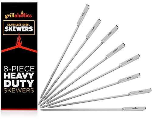 Grillaholics Skewers, Top Barbecue Grilling Accessories, Grill Delicious Kabobs and Brazilian BBQ on Gas and Charcoal Grills, Reusable Metal Unlike Bamboo, Set of 8 Stainless Steel Shish Kebab Sticks