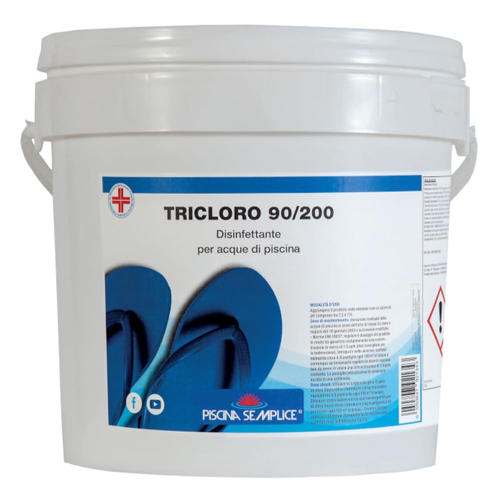 PISCINA SEMPLICE, Tricloro 90/200 Per Piscina, Ideale Per Il Rilascio Di Cloro Attivo Stabilizzato, Per Il Mantenimento Dei Livelli Di Cloro Giornalieri, A Lenta Dissoluzione, Formato da 5 Kg