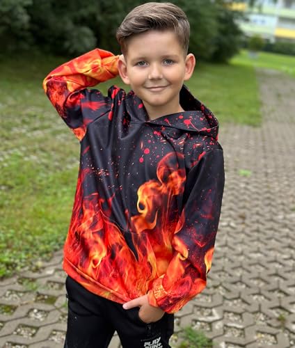 Image of Ahegao Kids Hoodies Orange Flame Sweatshirts for Boys Cool Pullover Size 12 13 14 Years Youth Black Fire Hoodie with Pockets