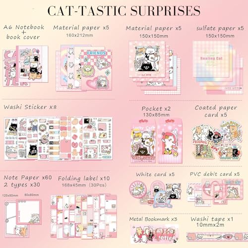 Image of The AutoStory Cute Feline Scrapbook Kit A6 Junk Journal Notebook Kawaii Animal Stickers Pet Collage Papers Washi Tape DIY Art Diary Crafting Supply Gifts Teen Girls (Cat's Letter, Pink)