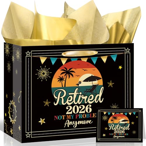 TagreSpike Vintage 2026 Retirement Gift Bag for Men Women Happy Retirement Wrapping Paper Bag with Tissue Paper Card Funny Retired Gifts for Men Women Coworker Farewell Going Away Party Favors