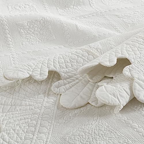 MarCielo 3-Piece 100% Cotton Oversized Bedspread Lightweight Quilt Coverlet Embroidery Farmhouse Bedding Set (TK White, Oversized King (118"x106"))
