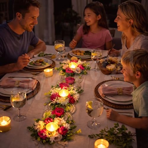 Image of Divyakosh Flower Table Runner Decoration for Dining Table with LED | Artificial Floral Centerpiece with Diya Lights | Festive Table Decor for Diwali, Wedding, Pooja & Home Decoration, 22 Inch