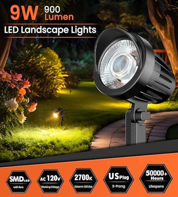 MEIKEE 9W LED Landscape Lights, 110V Landscape Lighting with US 3-Prong Plug, 3000K Warm White IP66 Waterproof Outdoor Garden Spotlights for Path Yard Walkway (2 Pack)