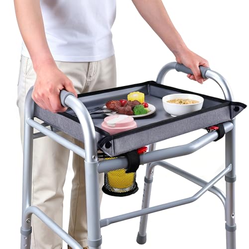 Mobility Walker Tray with Cup Holder Waterproof EVA Walker Accessories Tray with Reinforced Edges for Meals Folding Walker Table Tray for Elderly Disabled and Seniors (Without Side Storage Bags)