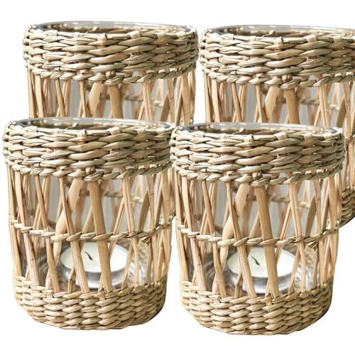 Natural Rattan Wicker Woven Votives Candle Holder Tea Light Candle Holders Set of 4 - Handcraft Rustic Vintage Seagrass Glass Votive Candle Holders for Farmhouse Boho Dining Table Kitchen Décor