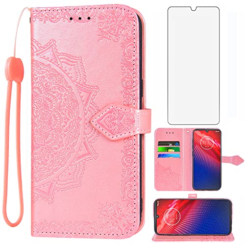 Asuwish Compatible with Moto Z4/Moto Z 4 Play/MotoZ4 Force Wallet Case Tempered Glass Screen Protector and Leather Flip Cover Card Holder for Motorola 4Z Motoz4cases MotoZ4Play XT1980-4 2019 Rose Gold